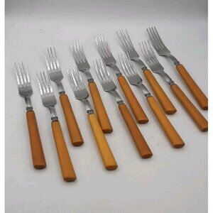 Vintage Carmel Bakelite Handle Stainless Steel Flatware Forks 8 in Set of 11
